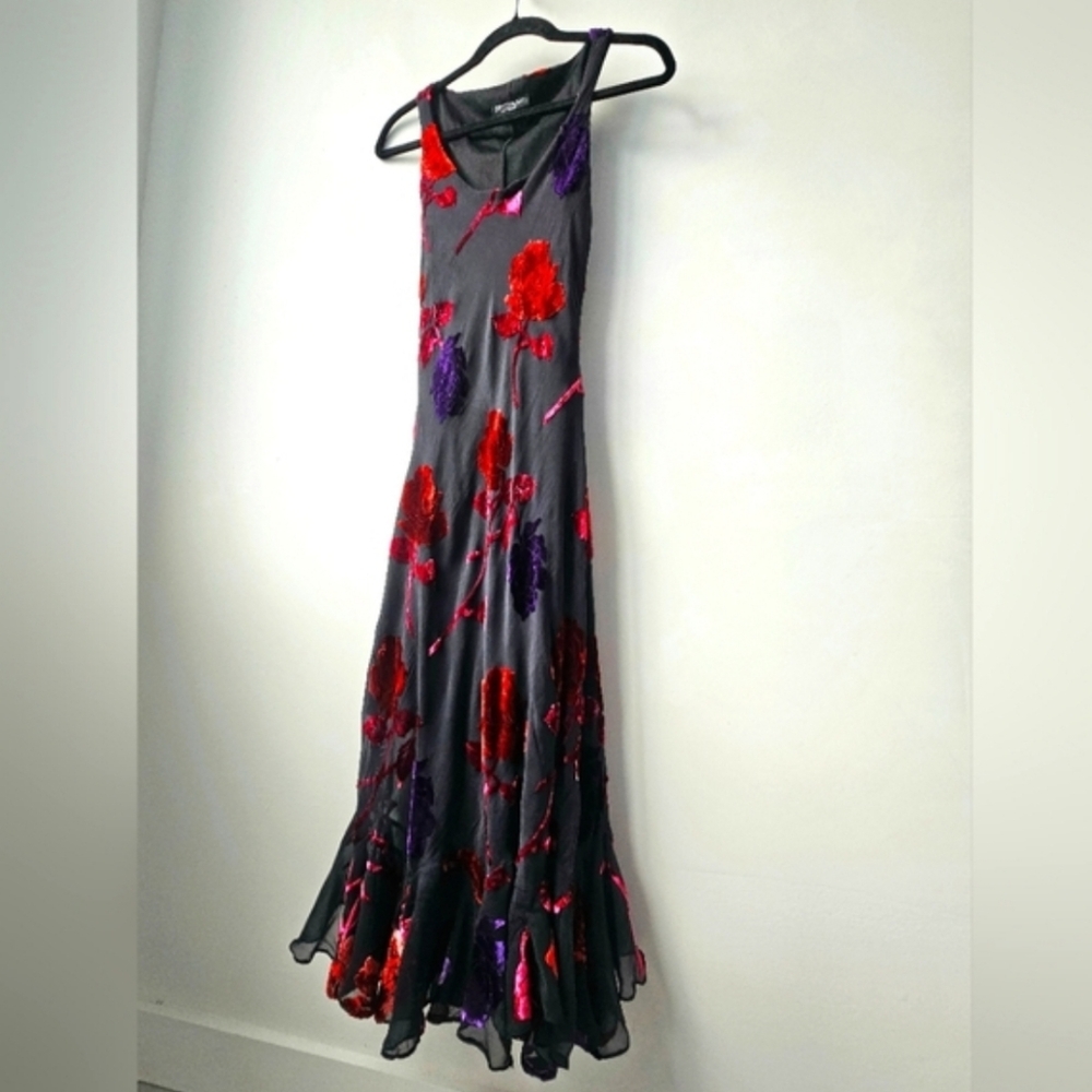 Betsey Johnson Vintage  Black Purple Red Orange Velvet Applique Ruffled Dress - Picture 16 of 16